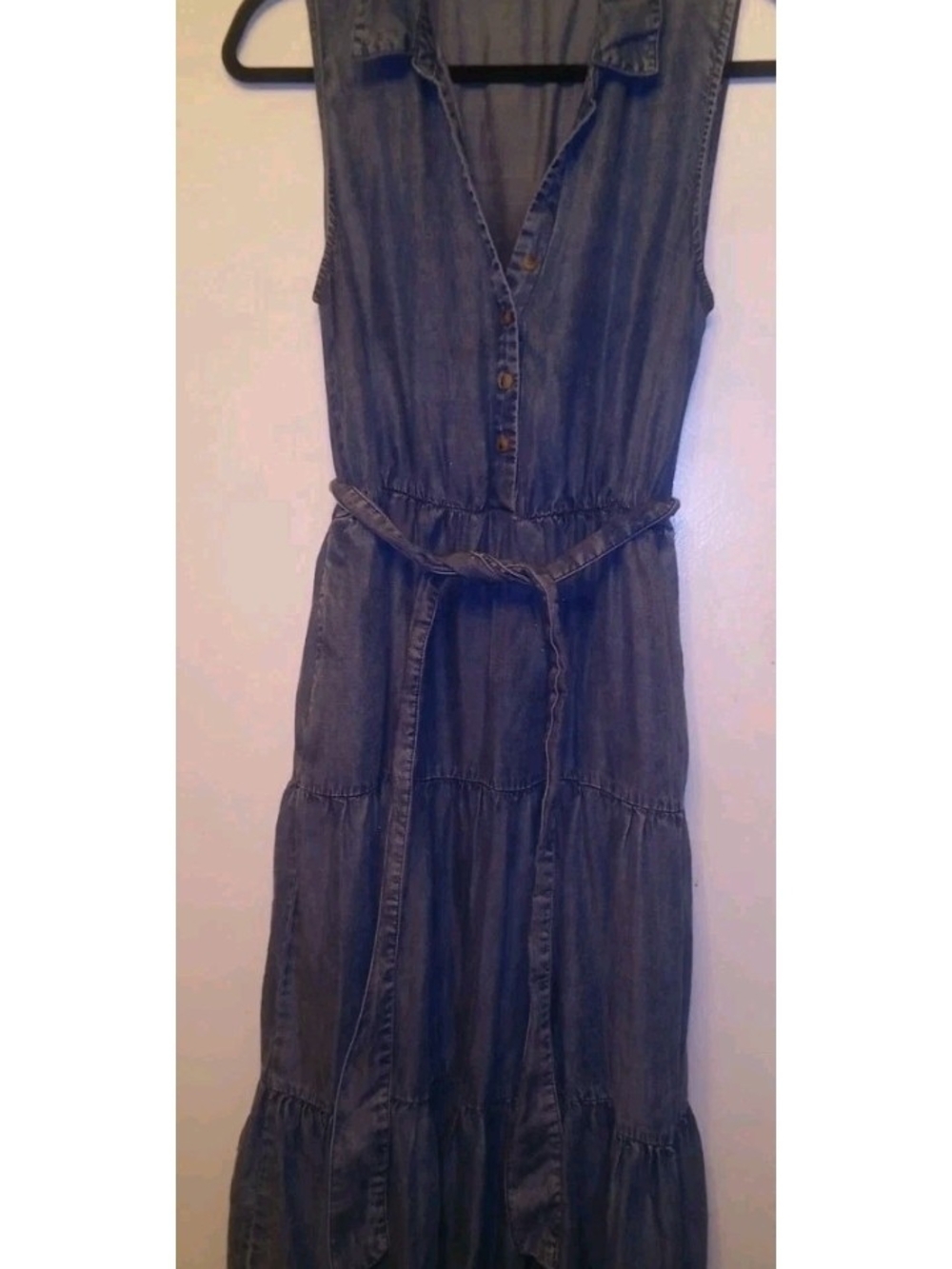 Jane and Delancey Denim Blue Sleeveless Denim Maxi Dress with Waist Tie - Blue